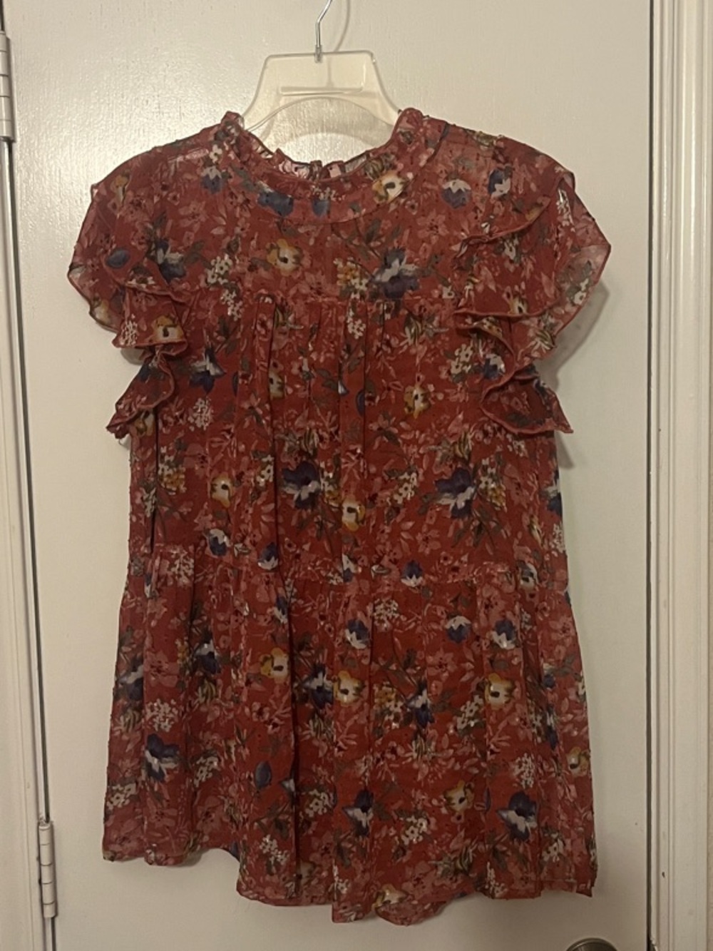 Jodifl Rust Floral Layered Ruffle Flutter Sleeve Neck Blouse